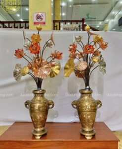 LỌ HOA ĐỒNG ĐỎ KHẢM BẠC TAM KHÍ + SEN ĐỒNG