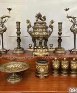 BỘ ĐỈNH ĐỒNG ĐỎ HOA SÒI CAO 60CM KHẢM TAM KHÍ